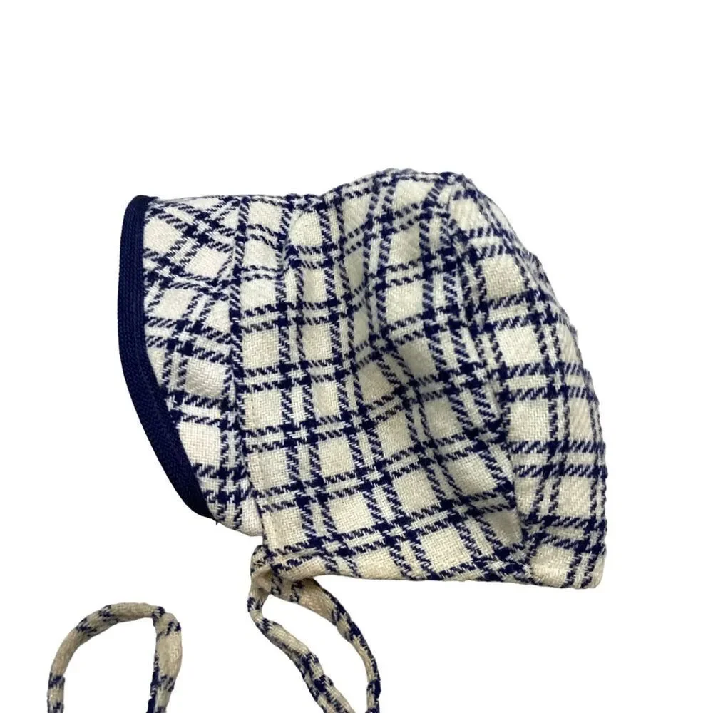 Vintage Wool Ivory and Navy Plaid Lined Hat Toddler Size